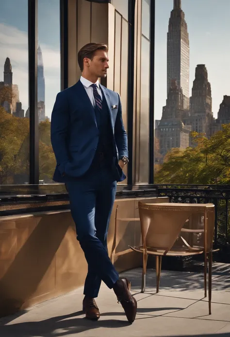 A photo of Finance Bro sitting at a rooftop cafe with a view of the Central Park,original,30 years old, masculine, near comb over hair, wears a navy suit with a tie, walks around New York City