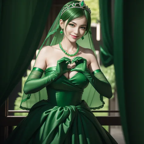 emerald tiara, Green Pearl Necklace, Boyish very short green hair, lipsticks, Japan woman smiling, very short short hair,  big breasts beautiful, Green eyes, Long green gloves made of satin material, Green eyes, Emerald Earrings, green vale, Heart with bot...