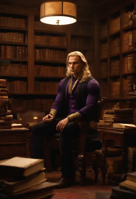 Aemond is seen sitting in his study, surrounded by shelves of ancient books and artifacts.,original,He is tall and fit. He has muscles but is thin. He is in his late twenties. He has long blonde hair and a violet eye. His other eye is prosthetic. He often ...