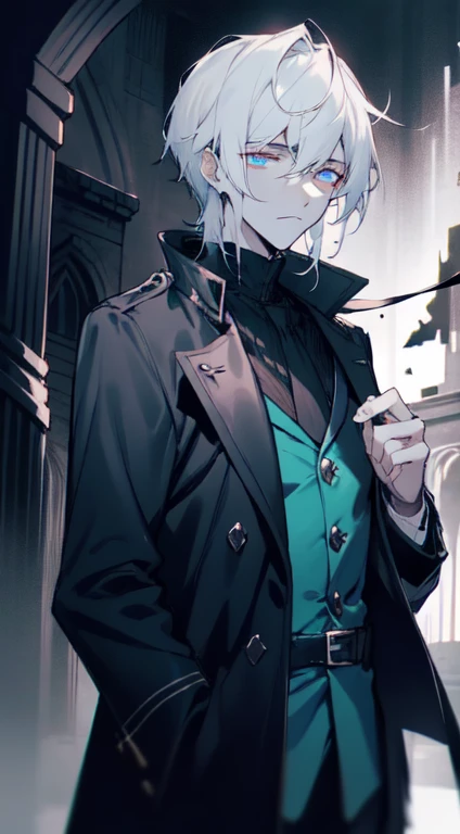 "4k night ruins, dark ambiance, there is a man, white color hair, Glowing blue eyes, Wear an elegant black jacket, he looks depressed，There are black lines in the eyes."