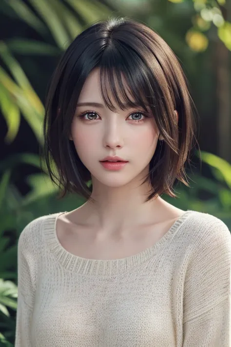 (masterpiece:1.3), (8k, photorealistic, RAW photo, best quality: 1.4), (1girl), beautiful face, (realistic face), (black hair, short hair:1.3), beautiful hairstyle, realistic eyes, beautiful detailed eyes, (realistic skin), beautiful skin, (sweater), absur...