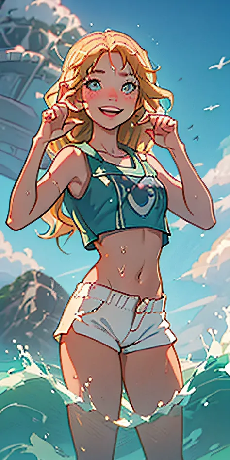 (best quality, masterpiece), 1girl, paw pose, smile, laughing, ocean, crop top, shorts, blonde, freckles, blush, looking at viewer, wavy hair, cloud, splashing, waves, sun, mountain, wet