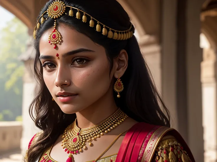 young Indian girl, 30-year-old, gentle sun lighting on face , village mood , wearing silk cloth, village girl vibe, intricate facial details, full body picture, wears crown, necklace and jewels and ornaments, cinimatic pose flawless complexion, top-notch 3...