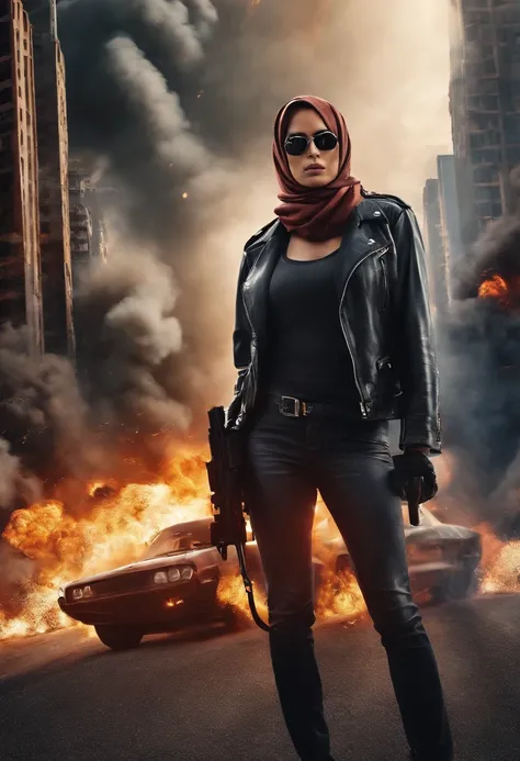 Terminator movie poster woman in hijab, explosions, guns, cars, planes, dramatic effect, hyper-realistic, 8k,