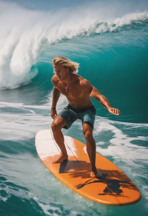 SurferBro attempting a 360 aerial on a huge wave,original,SurferBro has long blonde hair, mid twenties, tan skin, and drop dead handsome. He only wears board shorts and a puka shell necklace