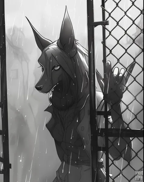 personnage furry chien d&#39;anime dans une cage avec une épée et un casque, POV Furry Art, Pluie. hyper détaillé, sous la pluie, Commission des hautes résolutions, Anthro Paw POV Art, de Cryptid Academia, principalement en niveaux de gris, sous la pluie, ...