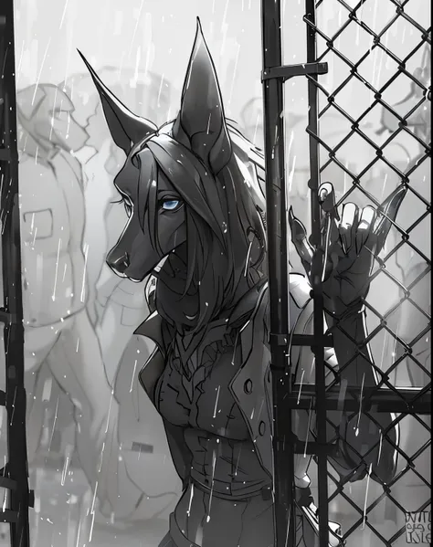 personnage d&#39;anime dans une cage avec une épée et un casque, POV Furry Art, Pluie. hyper détaillé, sous la pluie, Commission des hautes résolutions, Anthro Paw POV Art, de Cryptid Academia, principalement en niveaux de gris, sous la pluie, Art à fourru...