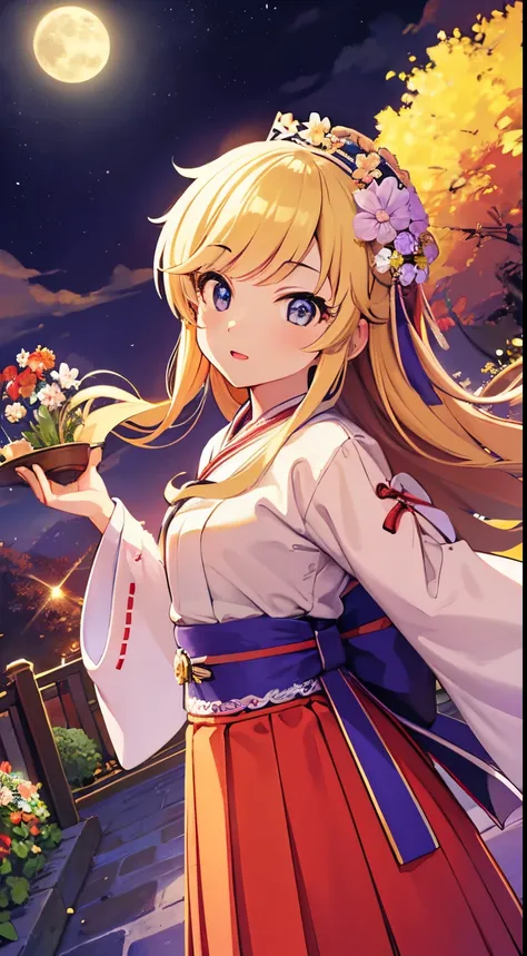 Best Quality, High_resolution, Distinct_image, Detailed background, A  girl, Hanbok, flower, garden, luna, night time, dutch angle, wideshot, crown,