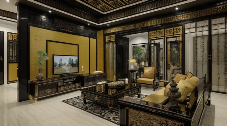 ((Best quality, 8k, Masterpiece :1.3)) (living room indochina BLACK Wood design: 1.3)  glossy black wooden furniture  , sofa , plaster ceiling , glossy mable floor , ink art , wall panel, (full detail with indochina s motif:1.2)