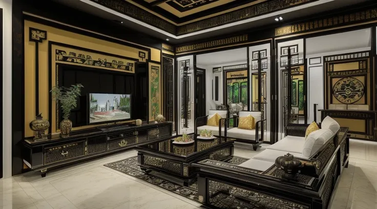 ((Best quality, 8k, Masterpiece :1.3)) (living room indochina BLACK Wood design: 1.3)  glossy black wooden furniture  , sofa , plaster ceiling , glossy mable floor , ink art , wall panel, (full detail with indochina s motif:1.2)