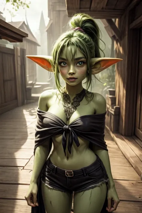 (masterpiece), (extremely intricate:1.3), (realistic), add_detail:1, sweet tooth is a female goblin, small, short, cute, 2 feet tall, light green dirty skin, long pointy ears, her sharp teeth are partially rotten, Her long green hair is tied back into a po...