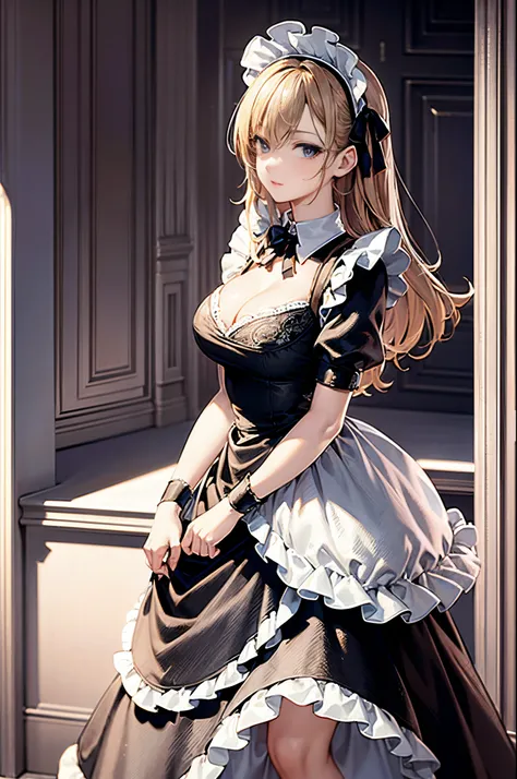 ​masterpiece、top-quality、hight resolution、extremely detailed photo、profetional lighting、A sexy maid、doress、Lori in a dress、gorgeous maid、maid clothes、maid dress、Maid in uniform、Girl in maid clothes、Black ruffled dress、((a blond))、fullllbody、