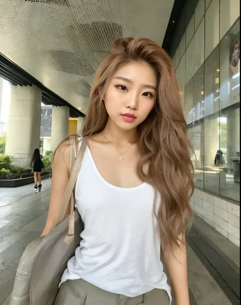 there is a woman with long hair walking down a catwalk, Asian girl with long hair, com cabelos longos, com longos cabelos cacheados, a young asian woman, branco hime corte penteado, Ulzzang, cabelos ondulados na altura dos ombros, linda mulher coreana jove...