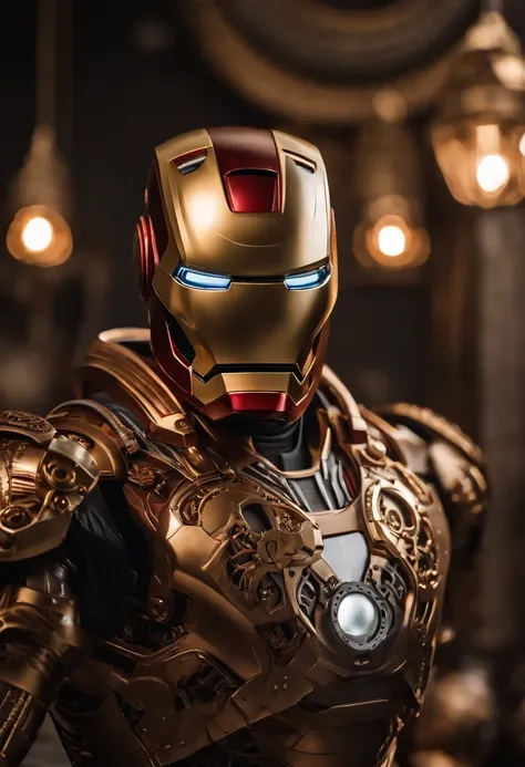 Envision a mesmerizing scene featuring an Ironman suit meticulously crafted with intricate details, fashioned entirely in brass and copper. Dive into extreme micro-details to capture the precision and complexity of this steampunk-inspired mechanical marvel...