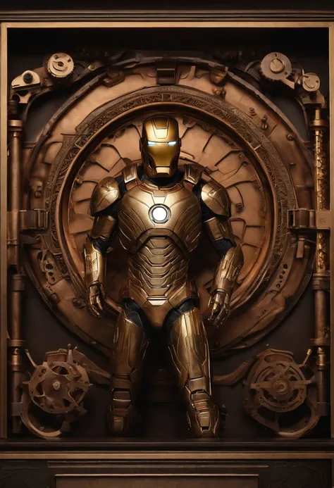 Envision a mesmerizing scene featuring an Ironman suit meticulously crafted with intricate details, fashioned entirely in brass and copper. Dive into extreme micro-details to capture the precision and complexity of this steampunk-inspired mechanical marvel...