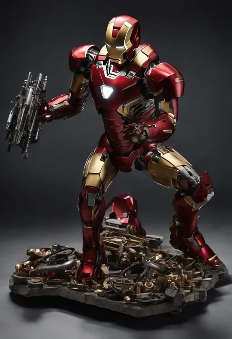 Envision an extraordinary scene featuring an Ironman suit crafted entirely from an intricate assembly of small scrap parts, each contributing to the overall marvel. Dive into extreme micro-details, capturing the diverse array of components that form this u...