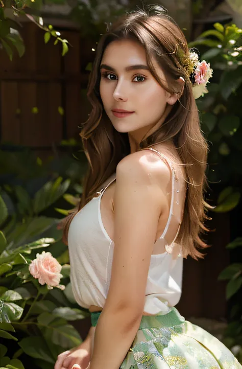 NSFW, Lifting Skirt, (best quality,highres:1.2),ultra-detailed,realistic:1.37,portrait,summer garden,girl in a garden,soft sunlight,gentle breeze,dainty floral dress,((lifting skirt)),dancing motions Extremely detailed face,extremely beautiful face by worl...