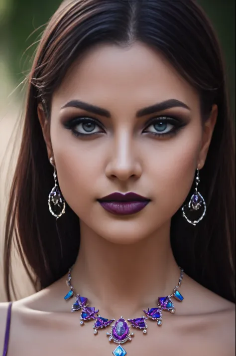 Photograph, Professional full-body, (detailed face and eye:1.4), purple eyes, (deep cleavages:1.3), colorful, color photography of woman, (dark makeup), necklace, earrings, (dark lipstick), partered lips, sharp focus, focus on face, insanely sharp details,...