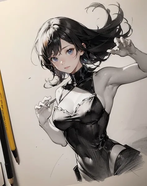 Drawing Lessons, top-quality, Poses, Correct anatomy, Beautiful body curves, Sketch beech, Daily Draw, vestments, Pencil、black-and-white、monochromes、Granblue Fantasy、Hair falls on the shoulders