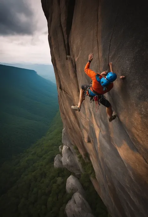 An incredible shot of a rock climber scaling a sheer cliff face, defying gravity and pushing their limits.,original,sasquatch