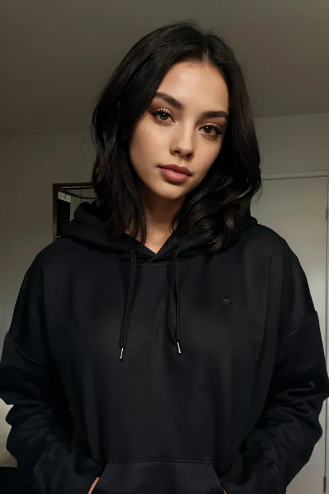 Dark hair, big lips, sexy eyes, black plain color hoodie without any text