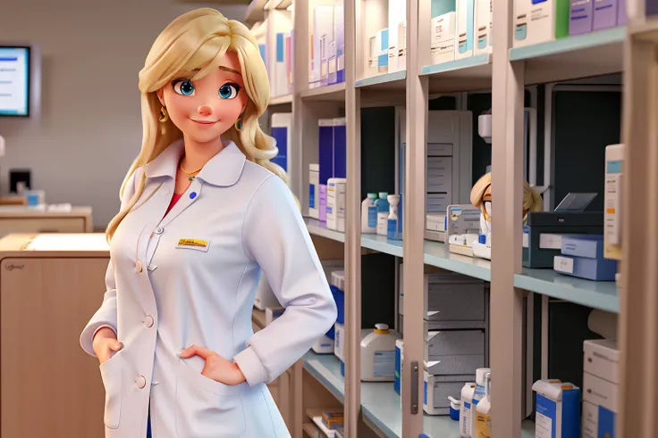 A Disney Pixar-style blonde woman in a lab coat at the compounding pharmacy, com olhos pretos , alta qualidade