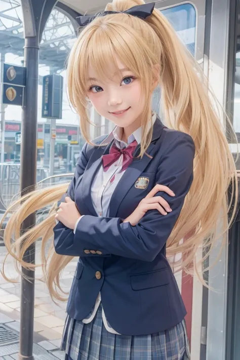 1girl, 17 years old, japanese girl, blonde hair, long ponytail, blue eyes, smile, hairbow, school uniform, train station, realisitc, ultra realistic, 70mm lens, ultra high res, uhd, (photorealistic:1.4)