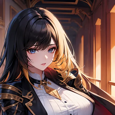 Woman, Shoulder-length black hair, Blonde Front Strands, Bard suit, Scarlet lipstick