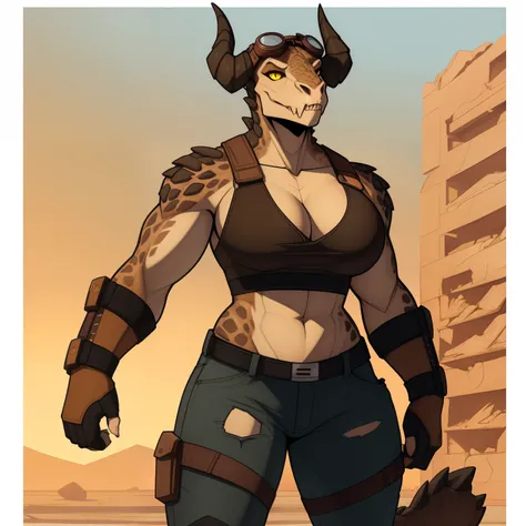 Tall_lanky_muscular_deathclaw female dark_beige_scaled_body spotted_scales yellow_eyes solo Masterpiece best_quality absurdres highly_detailed cleanly_drawn_eyes anthro_only by_claweddrip, by_greasymojo, by_underscore-b, by_runawaystride ripped_cargo_pants...