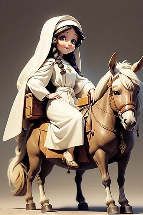 masterpiece, best quality, detailed face, a cartoon of Virgin Mary smiling, riding a donkey, (((full body))).