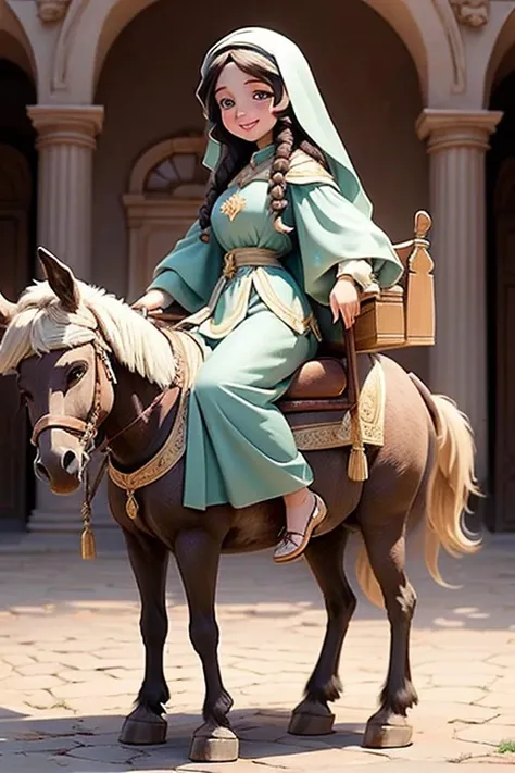 masterpiece, best quality, detailed face, a cartoon of Virgin Mary smiling, riding a donkey, (((full body))).