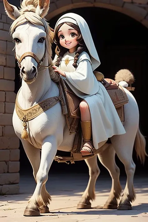 masterpiece, best quality, detailed face, a cartoon of Virgin Mary smiling, riding a donkey, (((full body))).