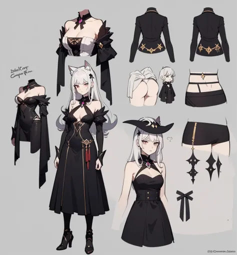 a drawing of a woman in a short skirt and a cat ears, full body adoptable, witchcore clothes, astral witch clothes, lunar themed attire, fullbody commission for, character design : : gothic, character adoptable, outfit design, anime character reference she...