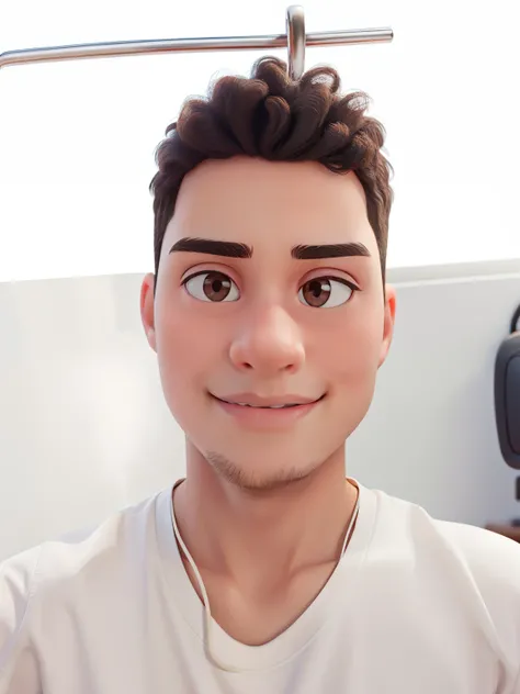 Disney pixar style photo of a white teenage boy with brown eyes and black curly hair wearing a white t-shirt and a single-sided cord phone