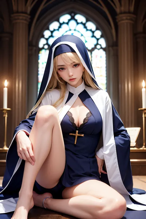 Photorealsitic、hight resolution、独奏、A 24-year-old beauty with a plastic surgery face、Slender body type、breasts are small、Blonde semi-long、Dark blue nun attire、The background is the chapel of the cathedral、front facing、Sit on the ground、itting open legs、Rais...