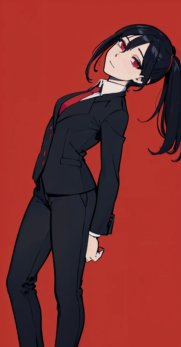 Una revista de una mujer, enojada, mirando hacia el espectador, Long sleeve shirt black pants red tie,Artistic Background,High resolution 4K, ultra detallado, sombra realista ojos rojos, cabello rojo, fondo rojo oscuro,