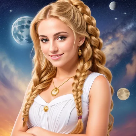 (best quality, RAW photography, extremely detailed, 4k,8k,high res,masterpiece:1.2),ultra-detailed, photorealistic, full body shot,golden bronde hair in braids Mature and beautiful, realistic portrayal:1.2 Sailor Moon smiling posing for a photoshoot, dress...