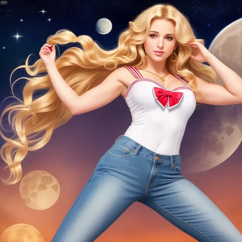 (best quality, RAW, extremely detailed, 4k,8k,high res,masterpiece:1.2),ultra-detailed, photorealistic, full body shot,golden blonde wavy hair,Mature and beautiful, realistic portrayal:1.2 Sailor Moon posing for a photoshoot, dressed up in jeans. The backd...