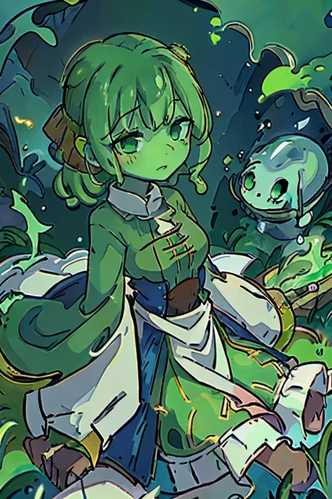 A green slime girl, green skin, green, cave background, medieval clothes, ,monster girl