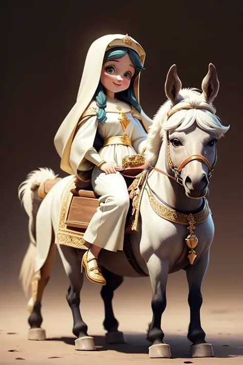 masterpiece, best quality, detailed face, a cartoon of Virgin Mary smiling, riding a donkey, (((full body))).