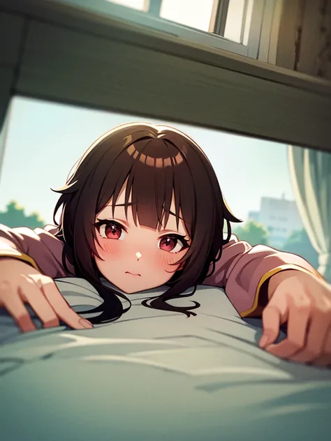 Megumin masterpiece, lying on bed, face blush, bedroom , morning window