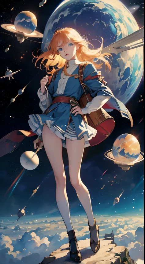 Anton Pieck, Ul de Rico, Margaret Tarrant, Surreal, mysterious, bizarre, fantastical, fantasy, sci-fi, Japanese anime, Christmas parade through outer space, leading the way is a beautiful high school girl in a miniskirt, perfect voluminous body, a nebula, ...