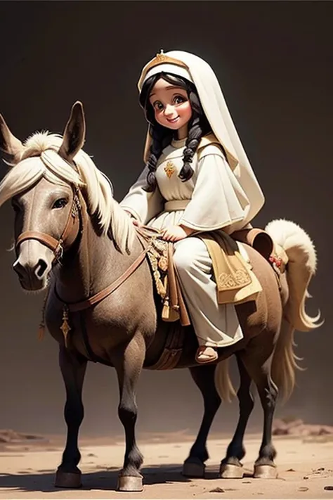 masterpiece, best quality, detailed face, a cartoon of Virgin Mary smiling, riding a donkey, (((full body))).