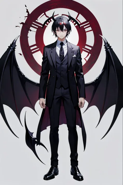 1boy, anime, demon, artwork, king of fear, anti hero has black angel wings and demon horns, god of fear, demon anime boy, the daemon of fear. daemon in hell, wearing suit. wearing top, wearing leather, purple eyes, large wings, off screen wings , full body...