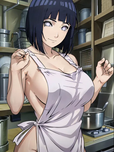 naked wearing white  apron only,, ((thick arm, little biceps)), little biceps, flexing arm muscles , anime style, cute , beautiful , nice body, soft body, (hinata(boruto),  (slender body), mature woman , broad shoulders, off-shoulders, (naked wearing white...