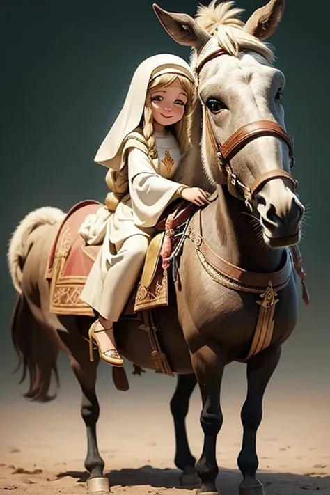 masterpiece, best quality, detailed face, a cartoon of Virgin Mary smiling, riding a donkey, (((full body))).