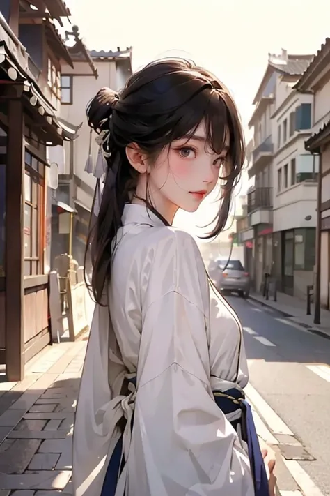 frontage、facing the front there、shot from front、masutepiece, Best Quality, 8K, Cinematic Light, 超A high resolution, chinese art, Chinese paintings, Upper body, in a street,femele、I have bangs、High nose like a European