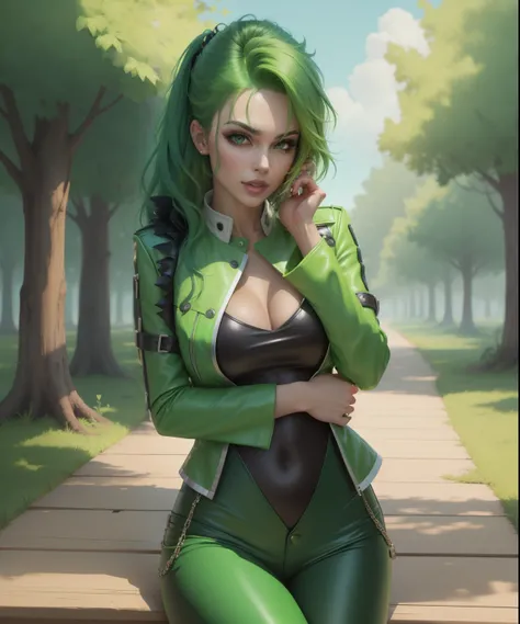 Right green leather pants, more vibrant green hair, biting lip