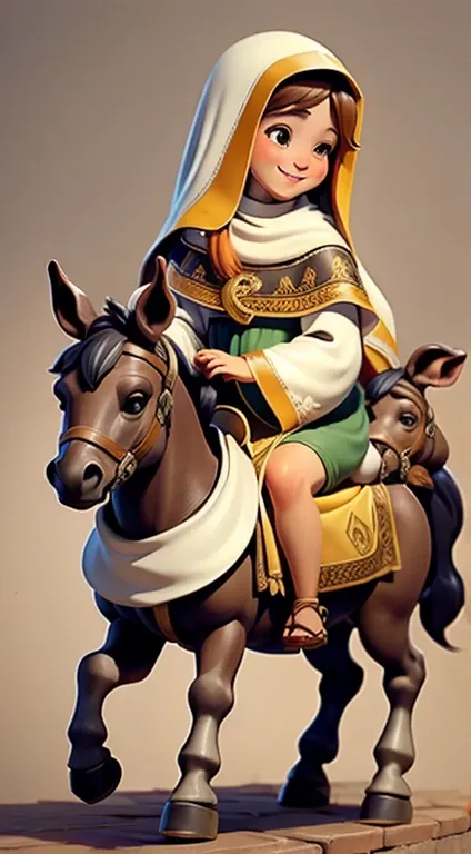 masterpiece, best quality, detailed face, a cartoon of Virgin Mary smiling, riding a donkey, (((full body))).