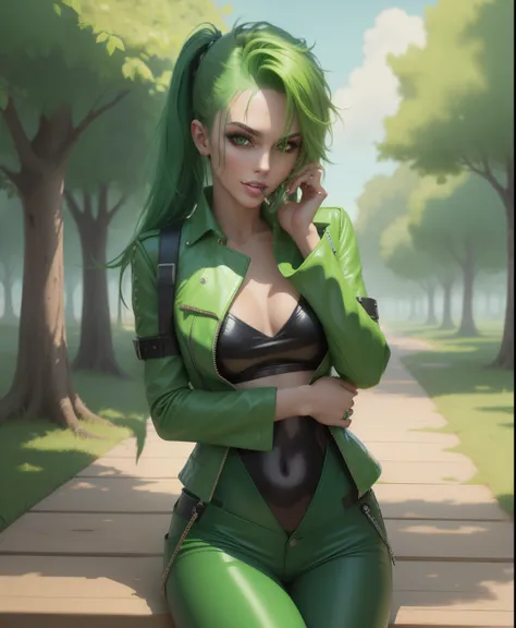 Right green leather pants, more vibrant green hair, biting lip, naked